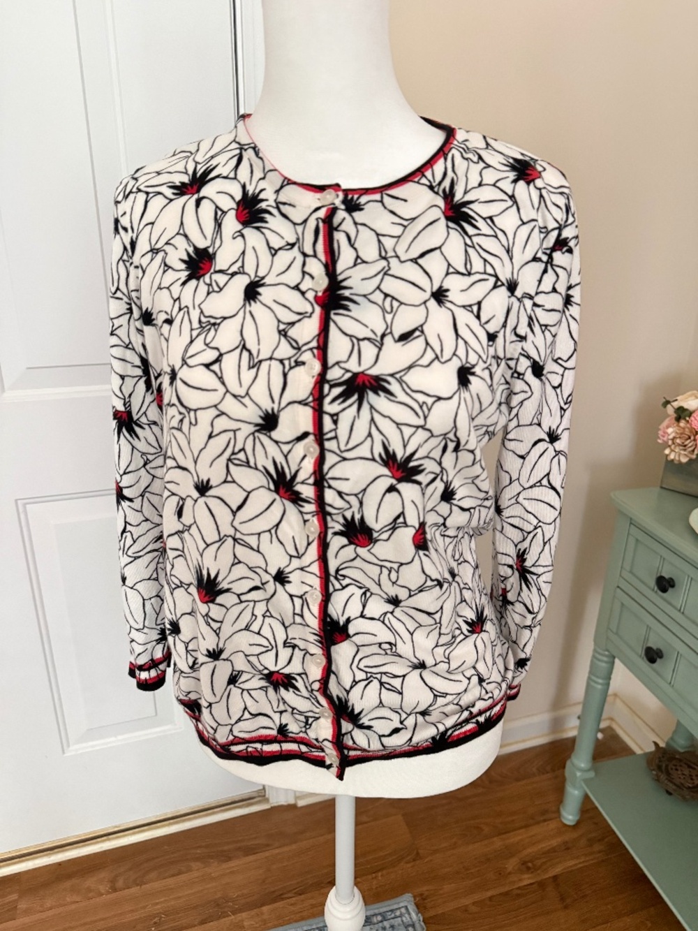 Talbots Floral Cardigan Sweater Black White Red Button Front, Size MP